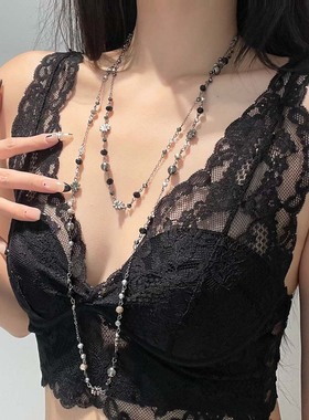 甜酷潮流超长双层叠戴花朵项链女