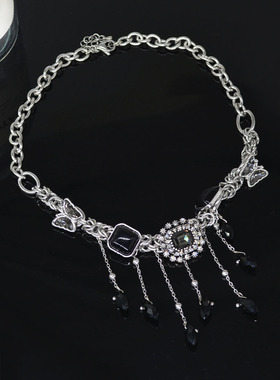 欧美复古黑色水晶流苏项链女