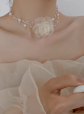 法式甜美超仙珍珠蕾丝花朵项链女