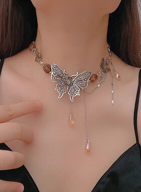 时尚复古棕色串珠镂空蝴蝶项链女