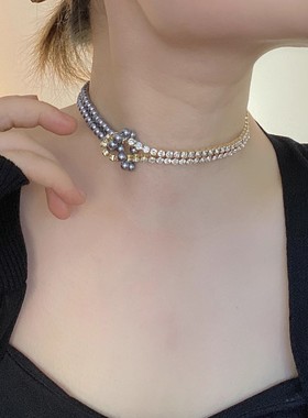 双层珍珠拼接金属闪钻打结项链女