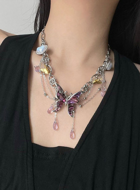 甜酷辣妹金属链条蝴蝶吊坠项链女