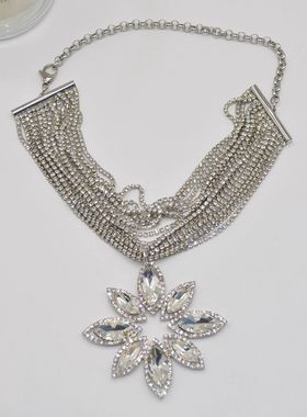 欧美潮流多层镶钻水晶花朵项链女
