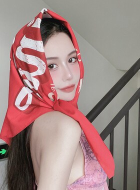 尤嘻岛美式辣妹红色头巾女棉90大方巾夏季三亚海V边披肩外搭两用