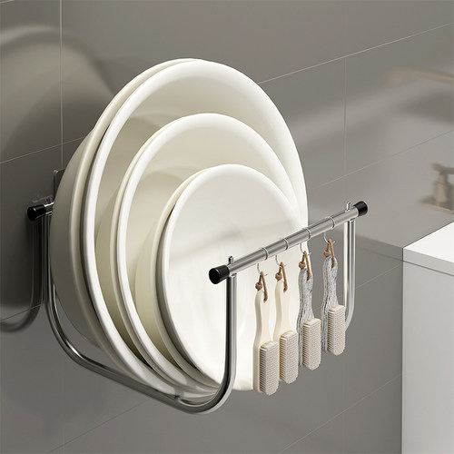 浴室盆子脸盆收纳架不锈钢卫生间厕所放洗脸盆置物架壁挂式免打孔 - 图0