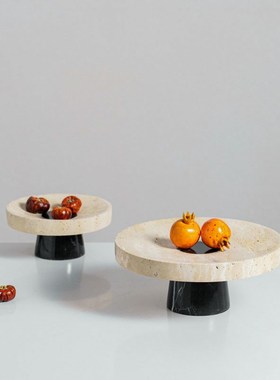 现代侘寂风天然洞石圆形果盘装饰摆件样板间民宿客厅餐桌收纳托盘
