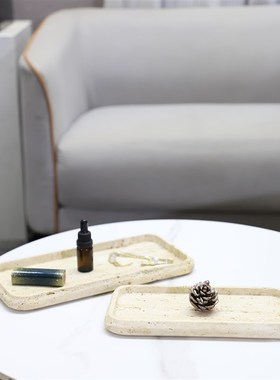 现代简约侘寂风天然洞石大理石托盘装饰摆件客厅茶几酒店家居饰品