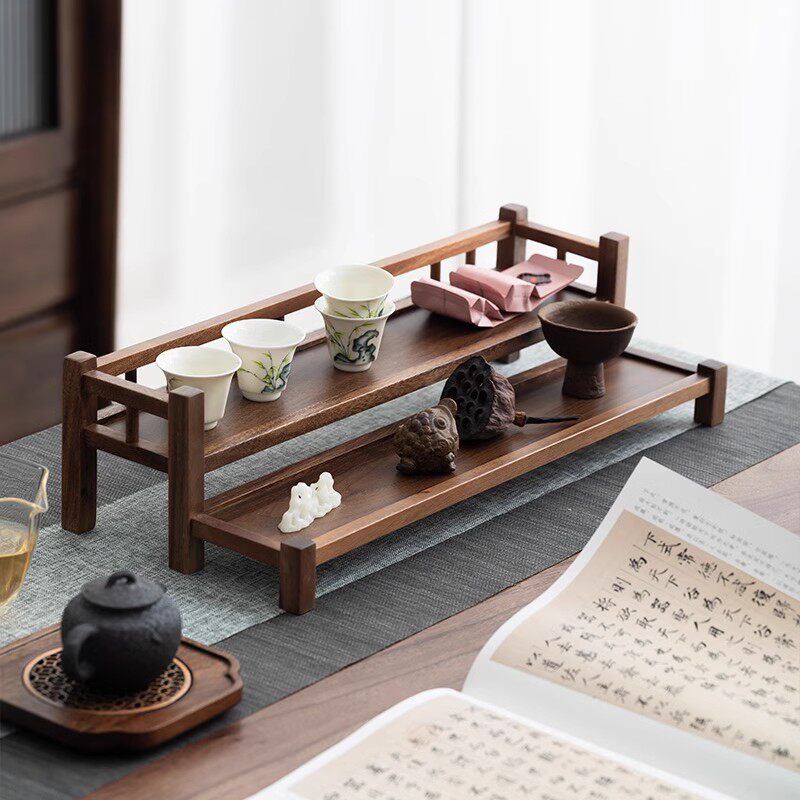 Tea set storage rack South American walnut double-layered rack Chinese solid wood teapot purple sand tea cup drain rack