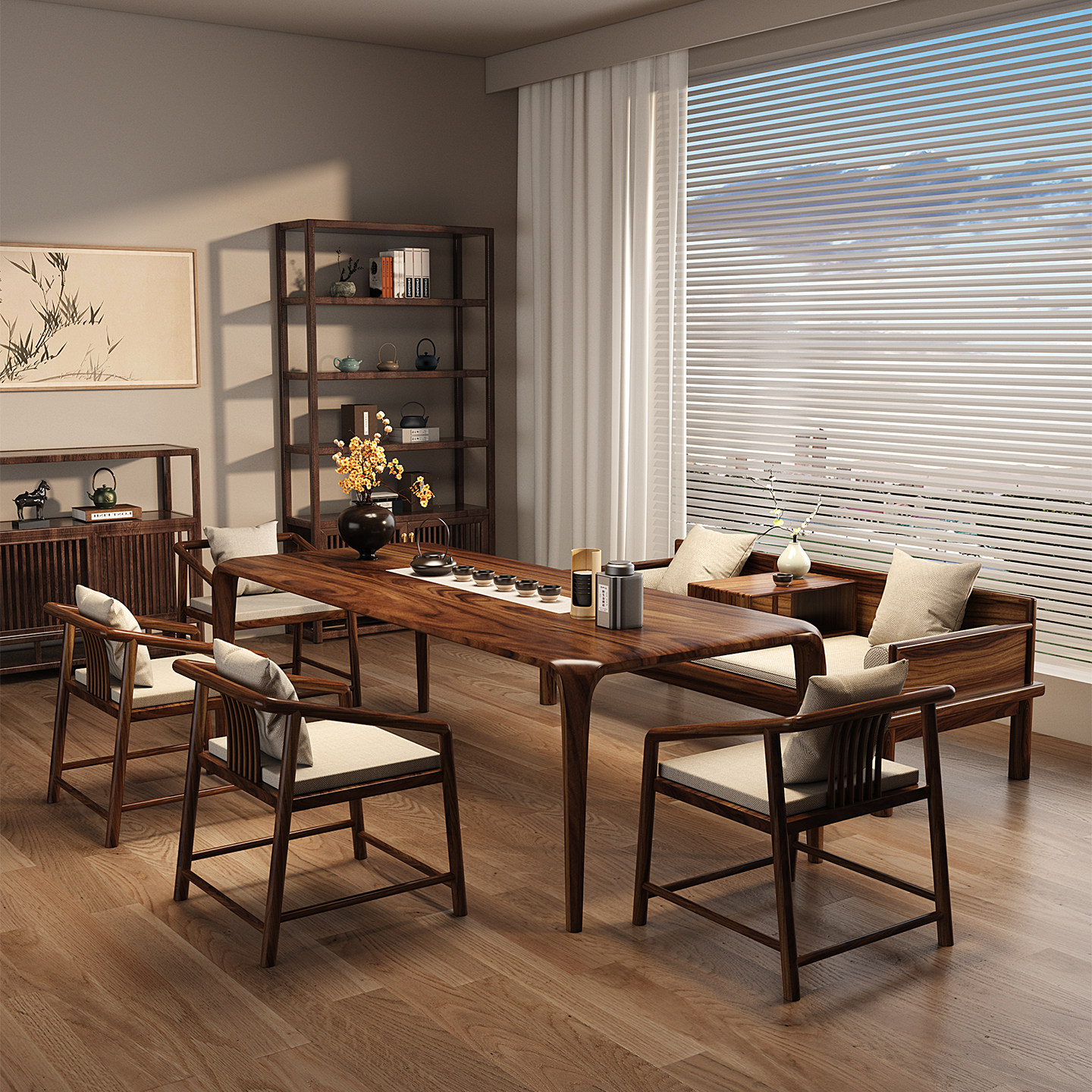 胡桃木榫卯全实木茶桌椅组合简约现代客厅家用茶台办公一体茶几,淘宝优惠券,粉丝福利购,淘宝优惠卷