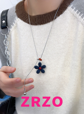 ZRZO复古蓝色植绒花朵项链