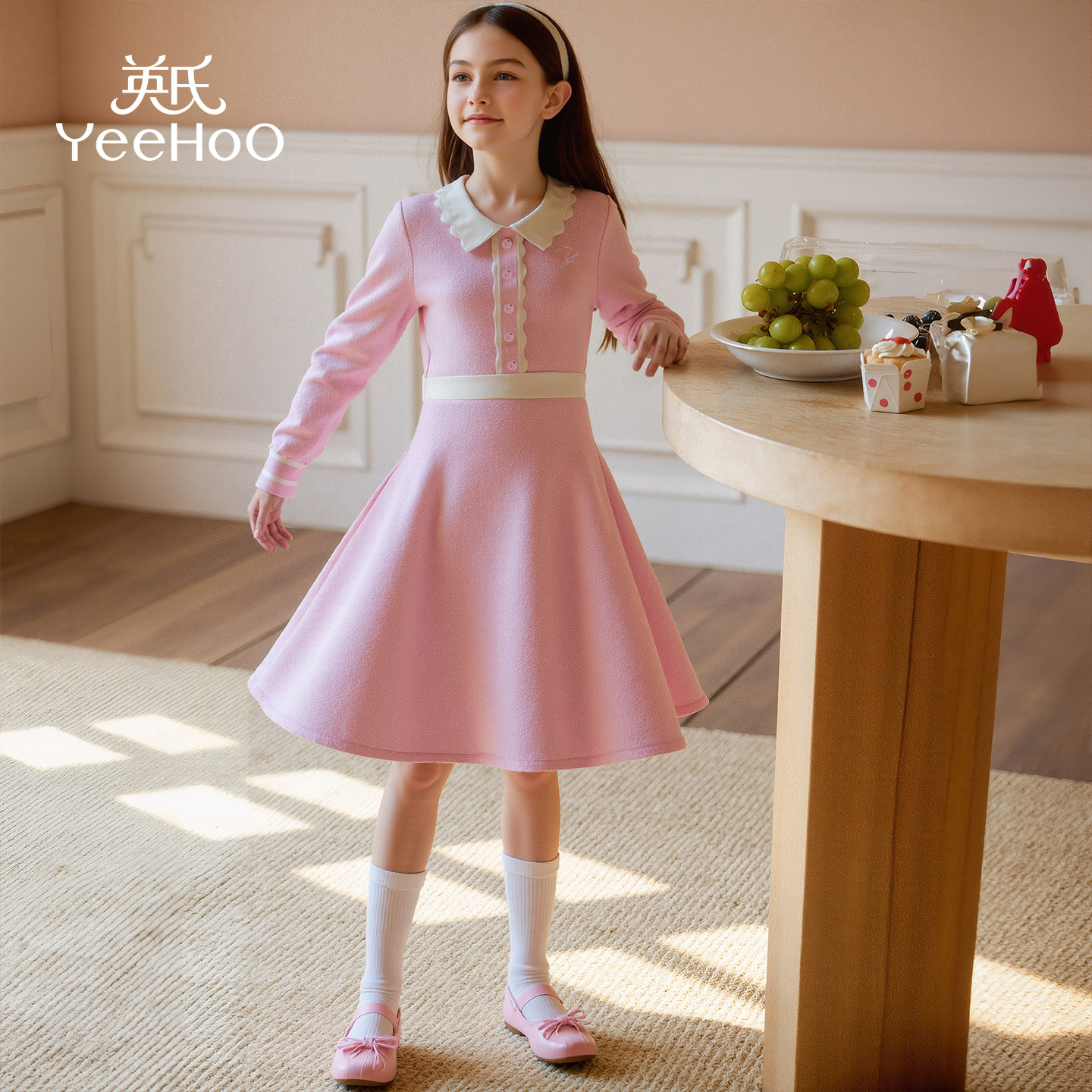 英氏女童连衣裙2026年春秋新款儿童针织连衣裙中大童娃娃领公主裙,淘宝优惠券,粉丝福利购,淘宝优惠卷