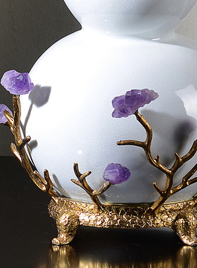 美式欧式白色冰裂纹陶瓷配铜x葫芦摆件送礼高档奢华玄关紫水晶摆