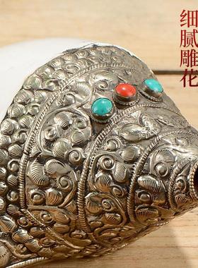 尼泊尔天然白海螺包铜左旋生物右旋海螺号角可吹口哨客厅装饰摆件