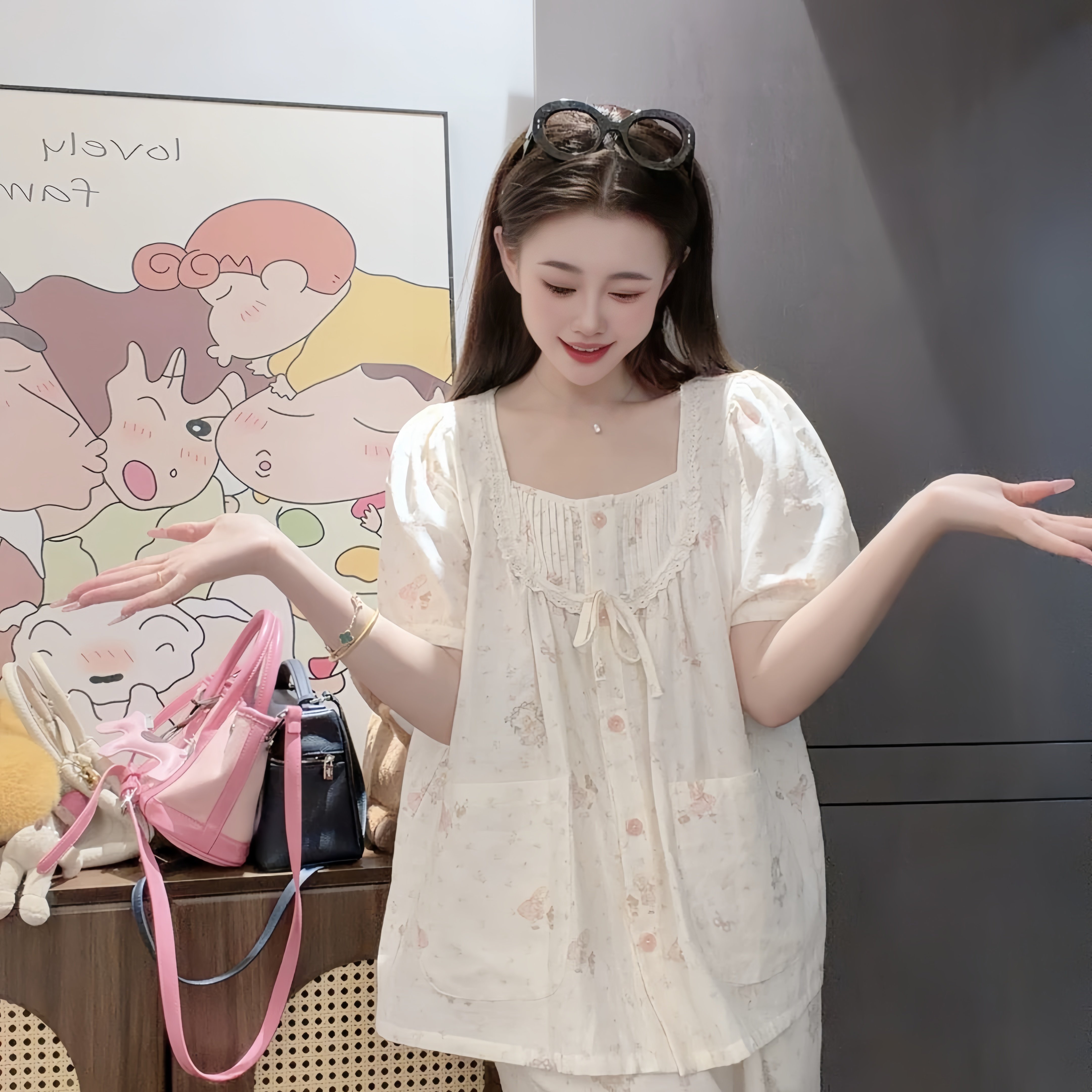 创宙 睡衣女纯棉夏季可爱显瘦亲肤甜美透气短袖碎花家居服套装可外穿