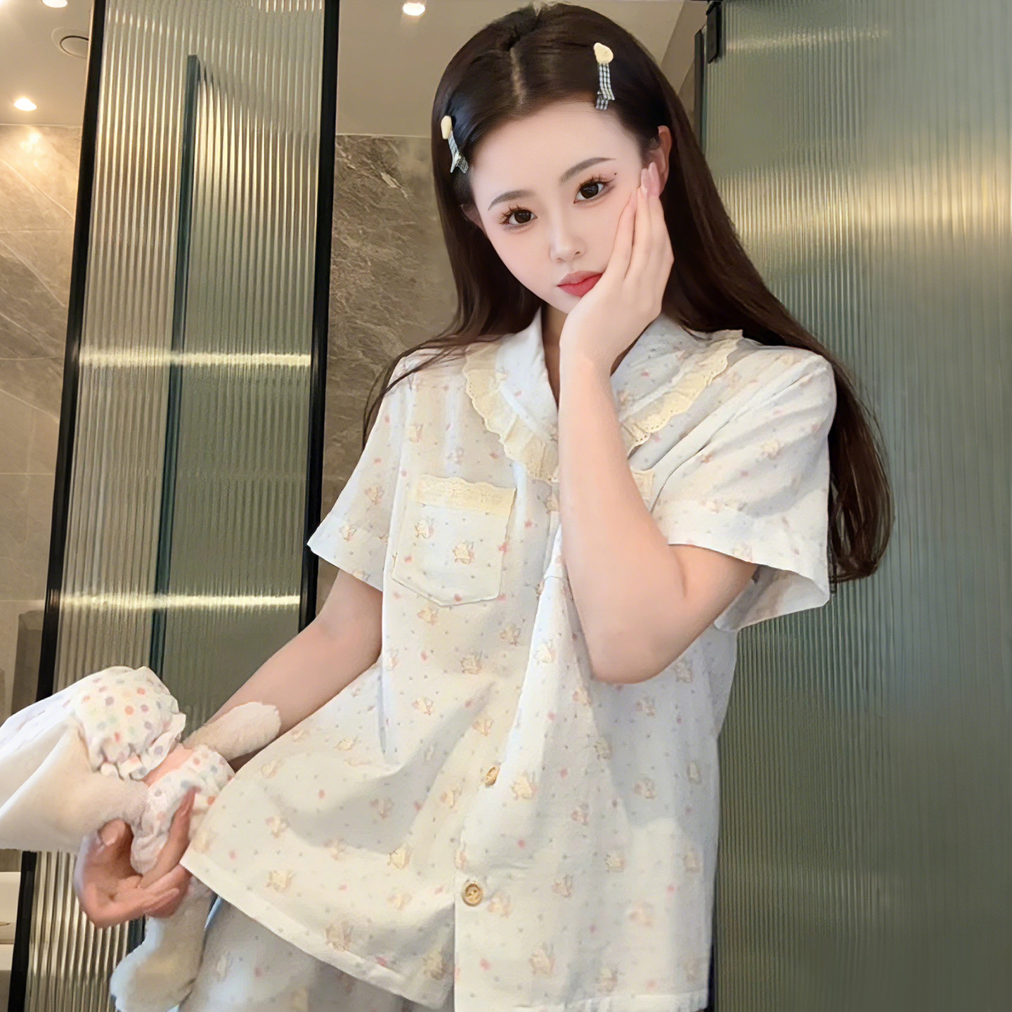 创宙 睡衣女纯棉夏季可爱清新显瘦短袖亲肤透气碎花家居服蓝色套装外穿