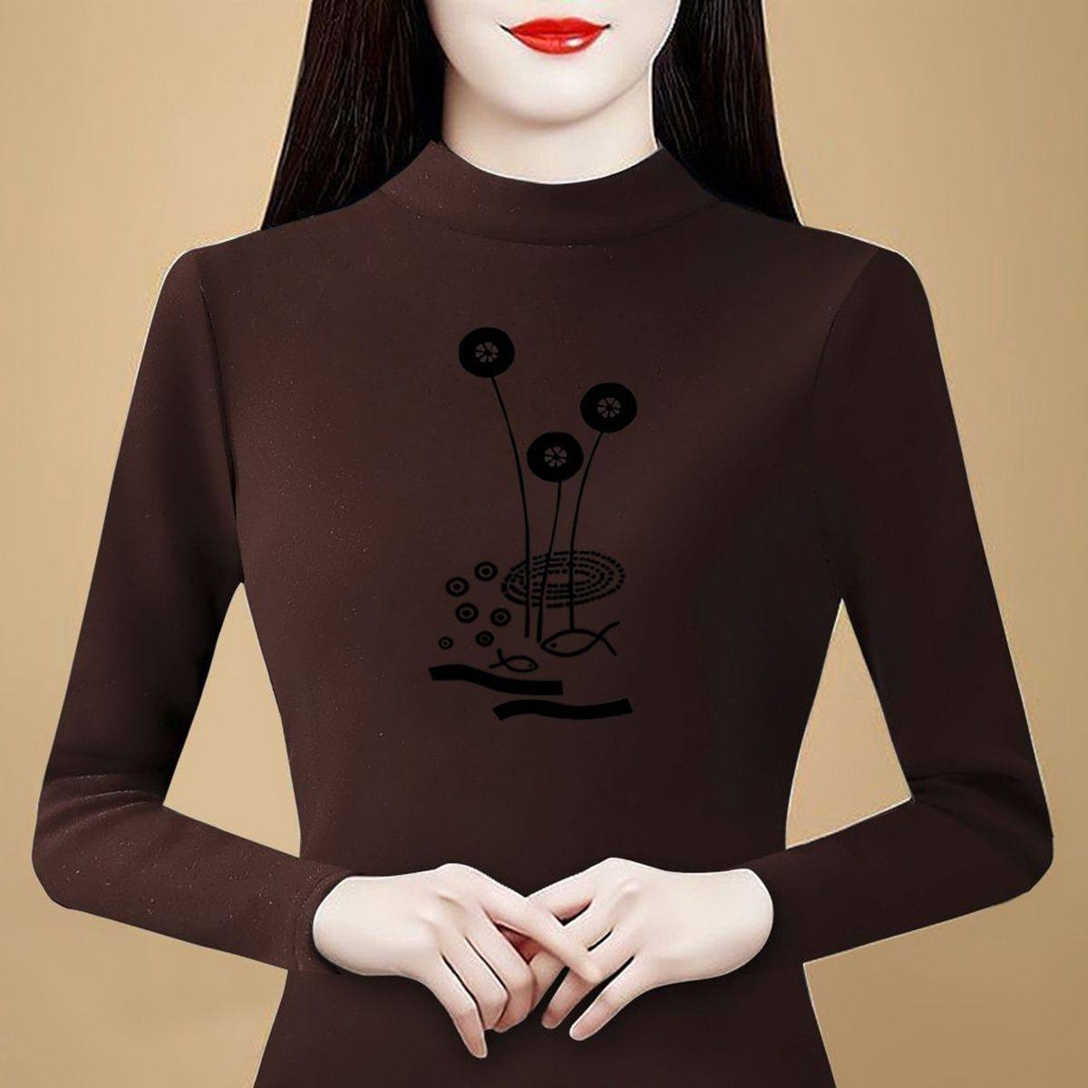 大码德绒保暖半高领印花洋气长袖打底衫女秋冬新款妈妈装百搭上衣,淘宝优惠券,粉丝福利购,淘宝优惠卷