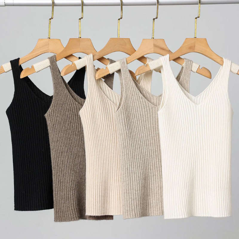 秋冬山羊绒针织吊带背心女V领修身简约百搭无袖竖条毛衣打底衫,淘宝优惠券,粉丝福利购,淘宝优惠卷