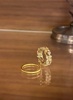 法式轻奢复古风雕花戒指镀t18k蕾丝织纹小众设计镶钻树叶开口调节
