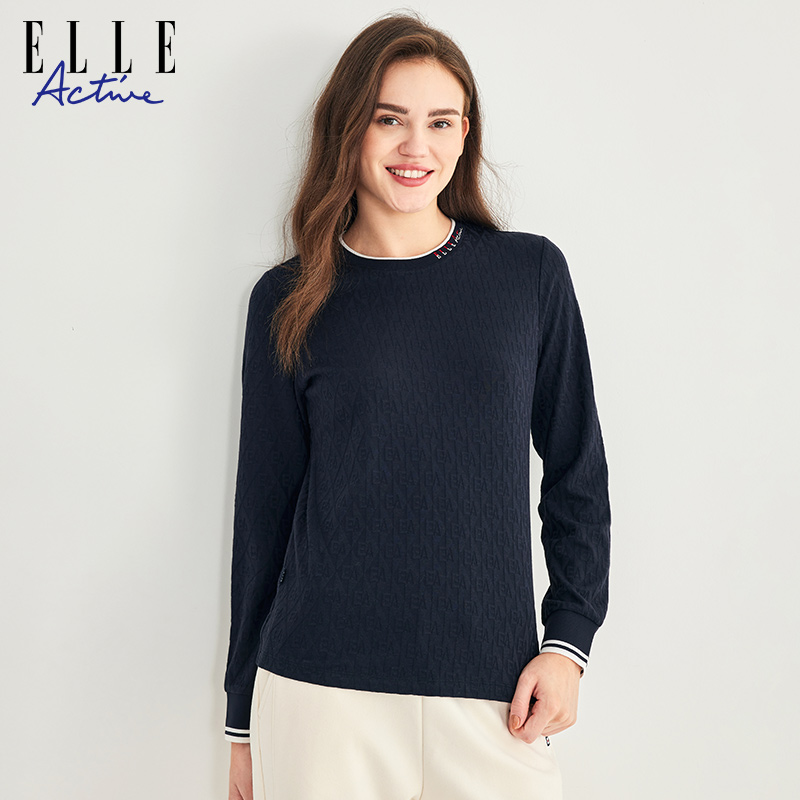 ELLE ACTIVE女装运动t恤简约百搭提花格子体恤衫舒适打底长袖上衣 - 图2