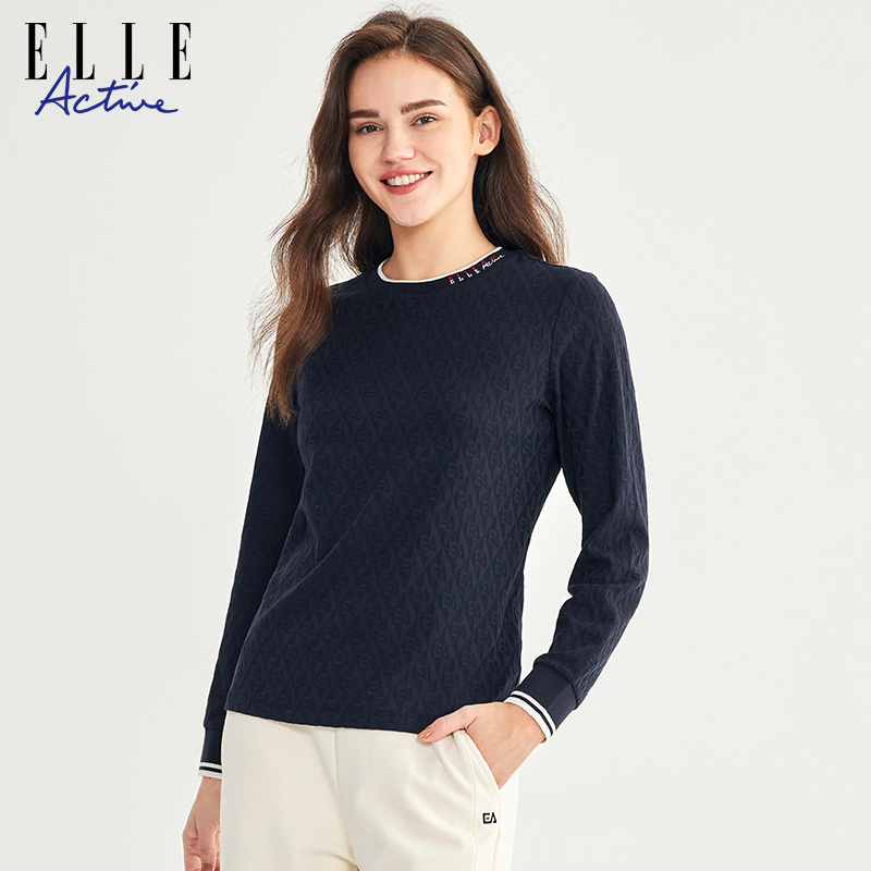 ELLE ACTIVE女装运动t恤简约百搭提花格子体恤衫舒适打底长袖上衣 - 图3