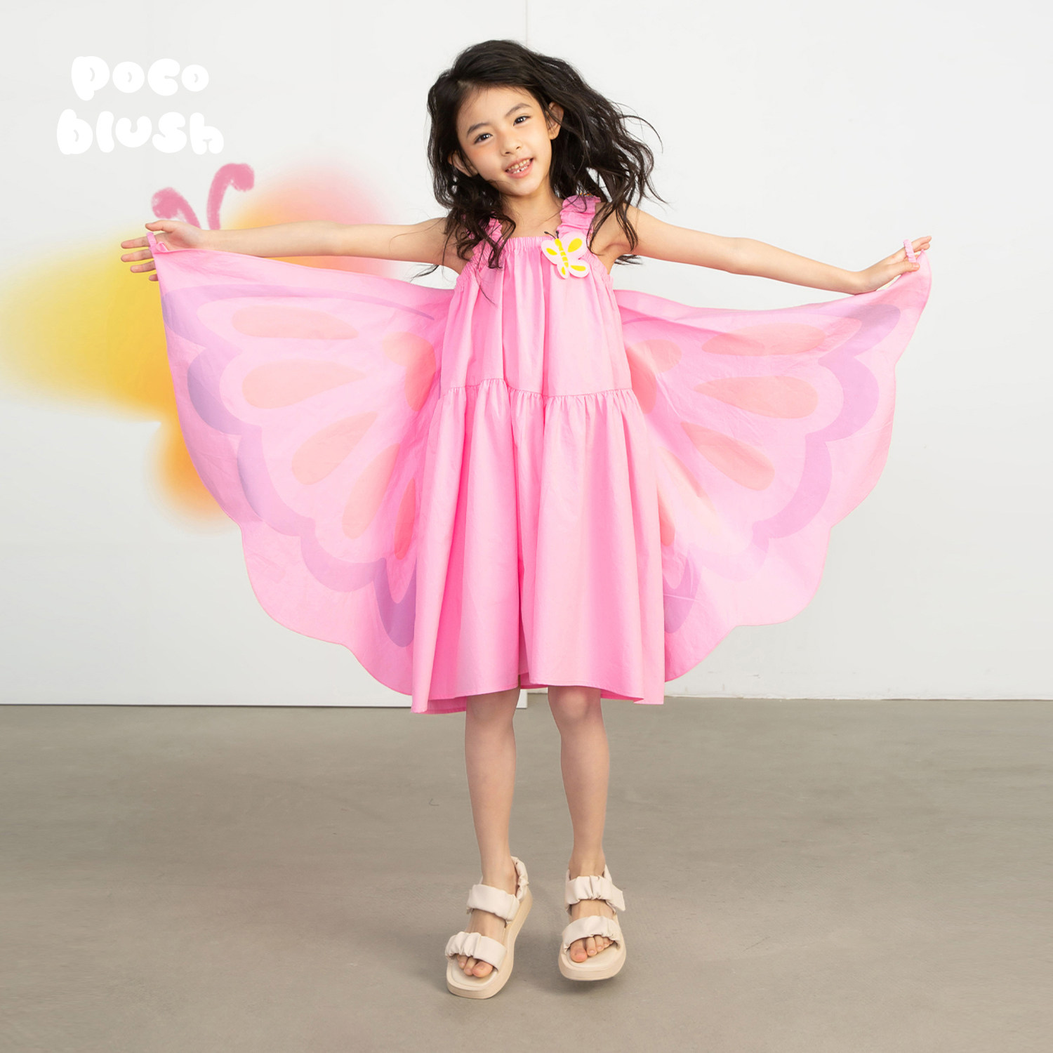 pocoblush原创设计夏日百花蝴蝶连衣裙女童装吊带裙全棉印花裙子,淘宝优惠券,粉丝福利购,淘宝优惠卷