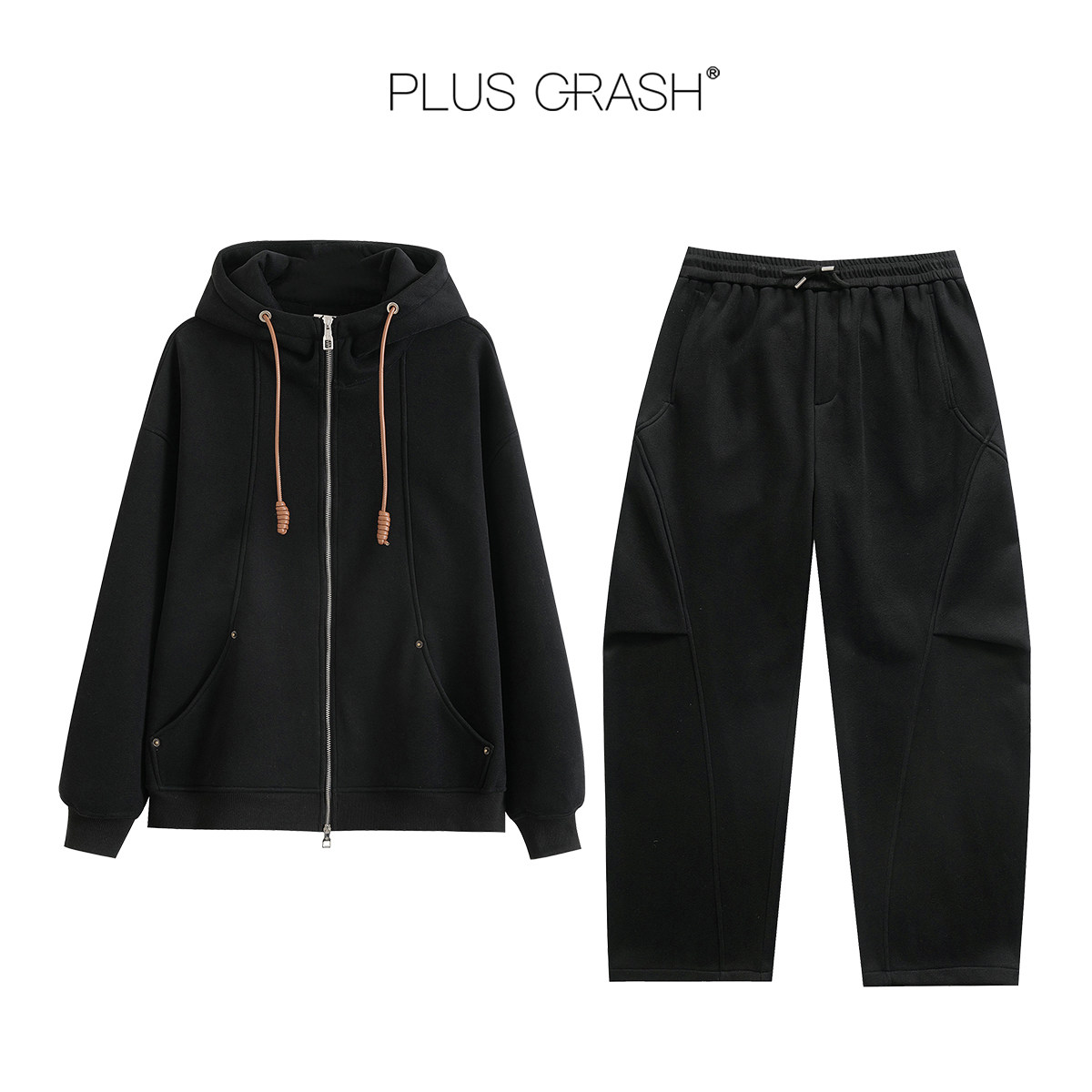 PLUS CRASH冬季加厚绒保暖卫衣卫裤男女同款多结构抽褶设计感套装,淘宝优惠券,粉丝福利购,淘宝优惠卷