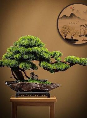 仿真迎客松实木绿植盆景家居装饰摆件中式客厅玄关办公室桌面盆栽