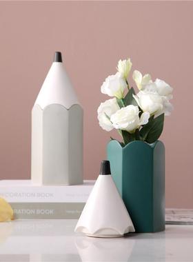 ins现代创意铅笔儿童房软装饰品摆设趣味陶瓷笔筒收纳储物罐摆件