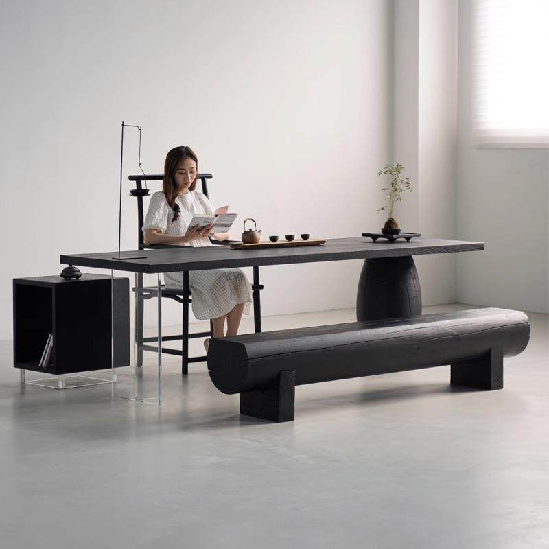 日式侘寂风黑色白蜡木茶桌书桌实木桌子家用茶台禅意新中式大板桌 - 图2