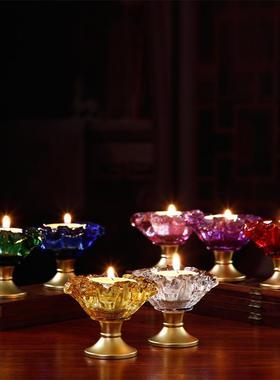 水晶玻璃莲花烛台七彩供灯佛堂供佛供财神酥油灯台座灯托蜡烛台
