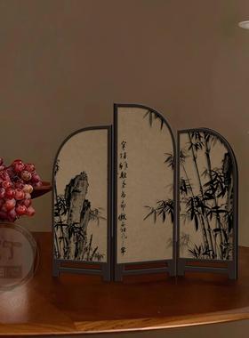 覆古电视柜摆件中式墨竹茶室桌面玄关柜边柜装饰可折叠屏风小摆件