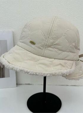 冬天羊羔毛渔夫帽女帽子洋气时髦显脸小冬季户外防寒保暖羽绒盆帽