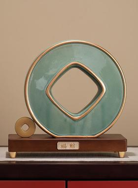 创意冰裂陶瓷铜钱摆件新中式办公室前台酒柜高档装饰开业送礼好物