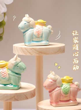 唐三彩新款小胖马Q萌可爱手工陶瓷创意文创摆件礼品Z博物馆文创