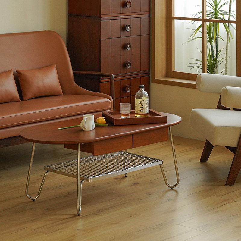 复古风北欧轻奢茶几椭圆形日式不锈钢简约实木茶桌中古小户型家具,淘宝优惠券,粉丝福利购,淘宝优惠卷