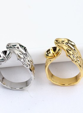 国产14bk注金电镀保色 异形叶子戒指锆石珍珠空托可调节DIY配饰女