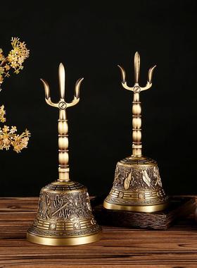 纯黄铜做旧三叉八仙铃道法手摇八宝三清铃茶几玄关装饰铃铛摆件