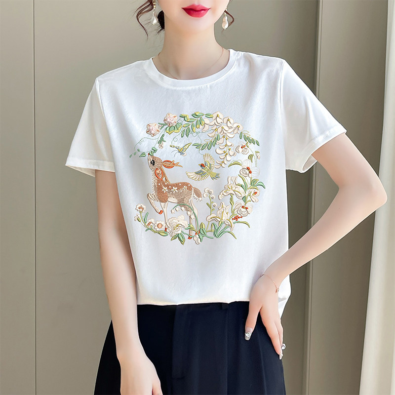 AB面女印花百搭圆领夏季薄款缎面拼接短袖女冰丝正肩T恤3D印花