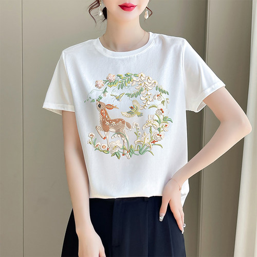 AB面女印花百搭圆领夏季薄款缎面拼接短袖女冰丝正肩T恤3D印花 - 图0