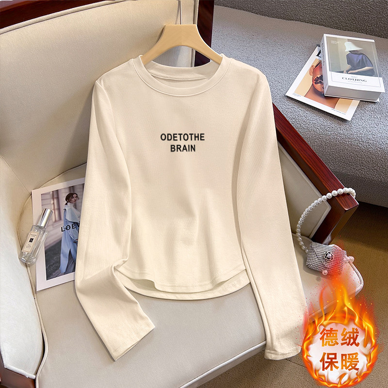 美式字母德绒加厚长袖T恤女秋冬不规则弧形内搭显瘦短款打底衫,淘宝优惠券,粉丝福利购,淘宝优惠卷