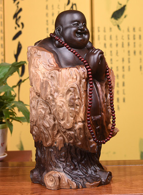 黑檀实木雕刻弥勒佛根雕摆件大号恭喜笑佛像工艺品红木家居送礼品