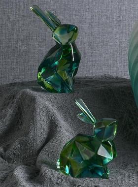 现代轻奢树脂渐变绿色可爱兔子高级感艺术创意摆件家居桌面装饰品