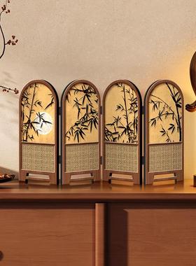 小屏风摆件中古风竹子新款桌面摆台画 画折叠折屏高级感电视柜装