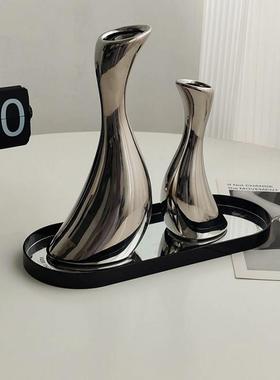 态生活 ins轻奢风银色陶瓷曲型花瓶客厅玄关酒柜装饰摆件工艺品