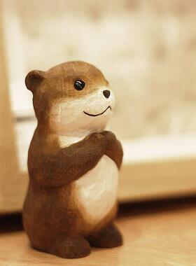 鹿妖商店 许愿水獭 祈福礼物 纯手工木雕桌面摆件 实木动物雕塑