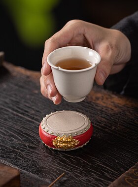 新中式创意青砂石鼓底座精品红色工艺品茶壶茶杯盖W置摆件底托底