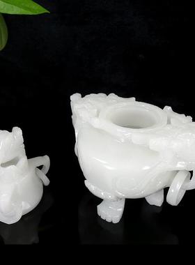 天然阿富汗白玉香炉纯手工镂空雕刻复古怀旧风格香炉桌面摆饰 复