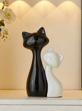 陶瓷情侣猫咪摆件高级感小众客厅电视柜家居软装饰品酒柜现代简约