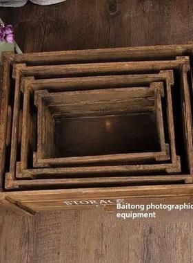 韩国覆古婚纱旧棕色木框存储木盒饰品橱窗展示花盒照片道具
