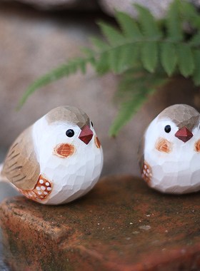 鹿妖商店肥啾木雕小鸟珍珠鸟斑胸草雀纯手工实木桌面摆件